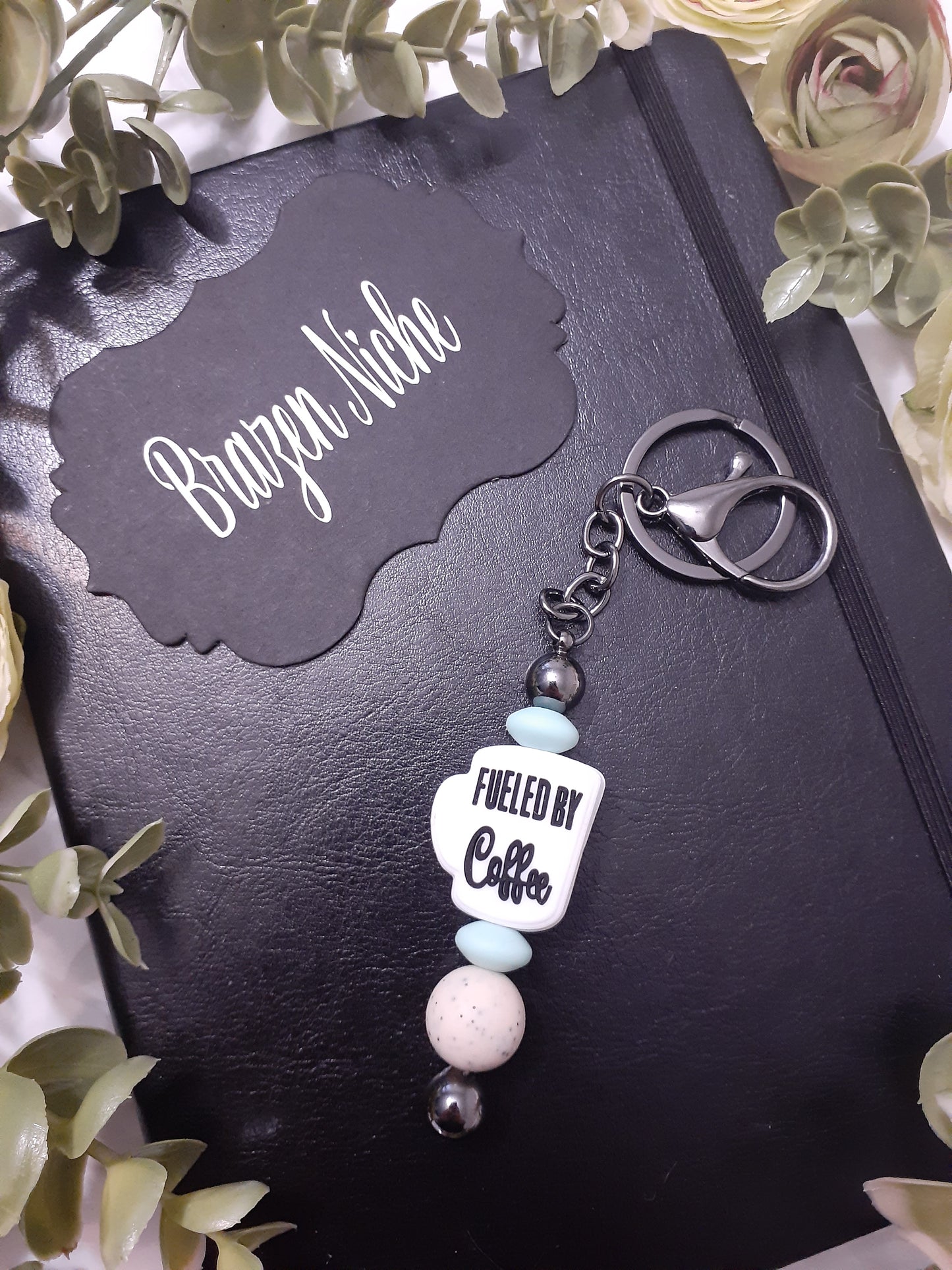 Fueled By Coffee Beaded Keychain – Caffeine, Chaos & Keys ☕⚡