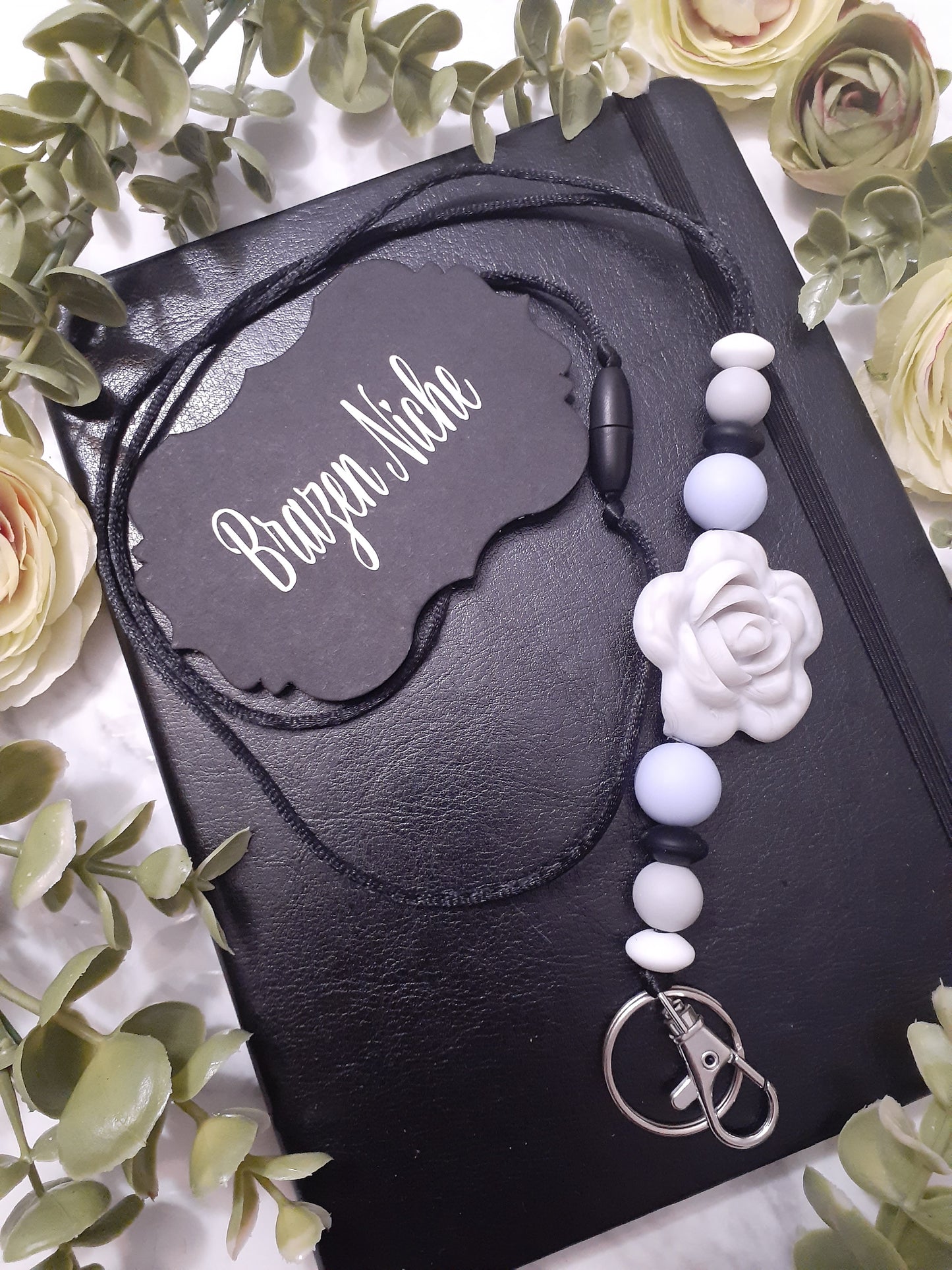 Flower Grey &amp; Blue Marble Beaded Lanyard – Elegant, Functional, Unforgettable 🌸