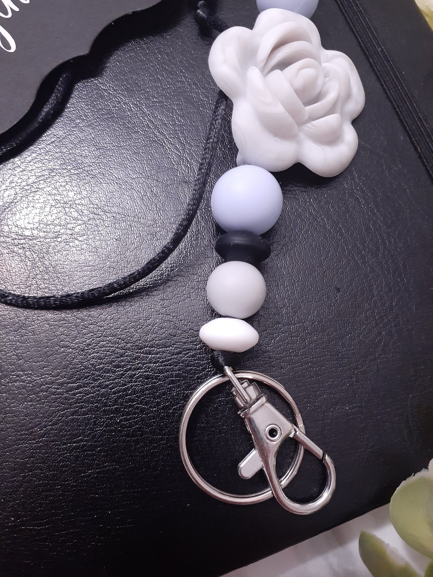 Flower Grey &amp; Blue Marble Beaded Lanyard – Elegant, Functional, Unforgettable 🌸