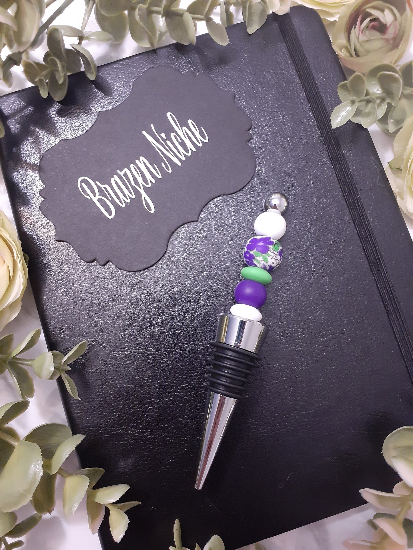 Purple/Green Floral Handmade Beaded Wine Stopper