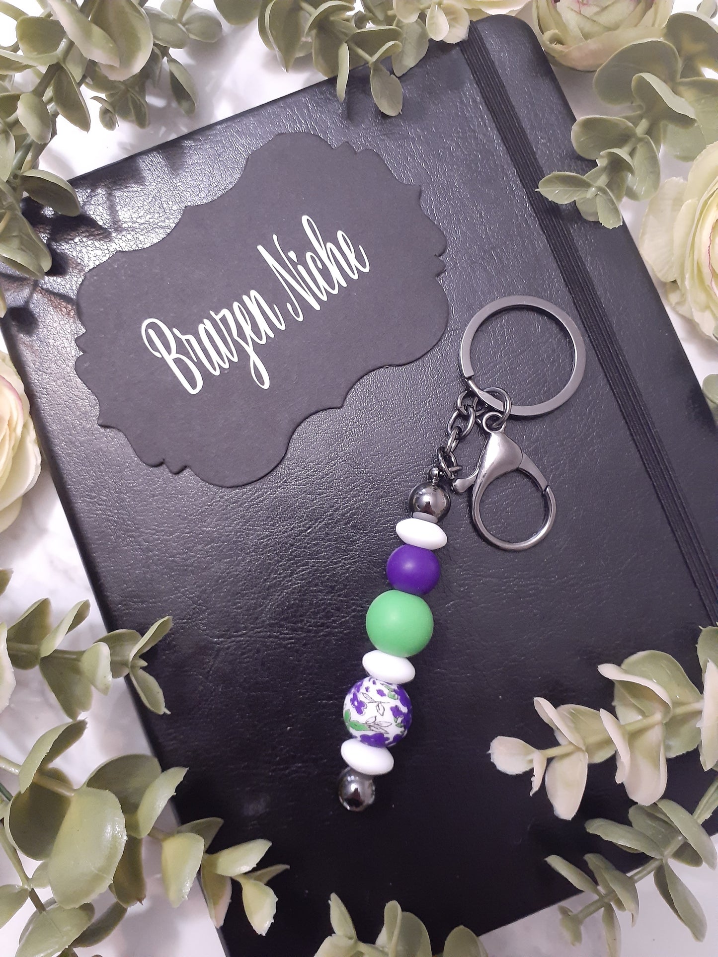 Green & Purple Floral Beaded Keychain – Bloom Boldly, Carry Beauty 🌸💜