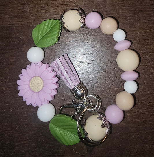 Purple Daisy with Leaves Wristlet Keychain